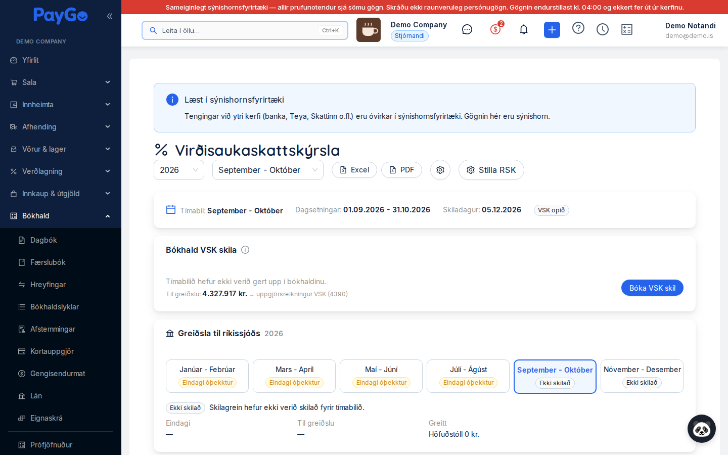 Virðisaukaskattskýrsla með tímabilsvali, Excel- og PDF-hnöppum, læsingarmerki, uppgjörsspjaldi og spjaldinu Greiðsla til ríkissjóðs
