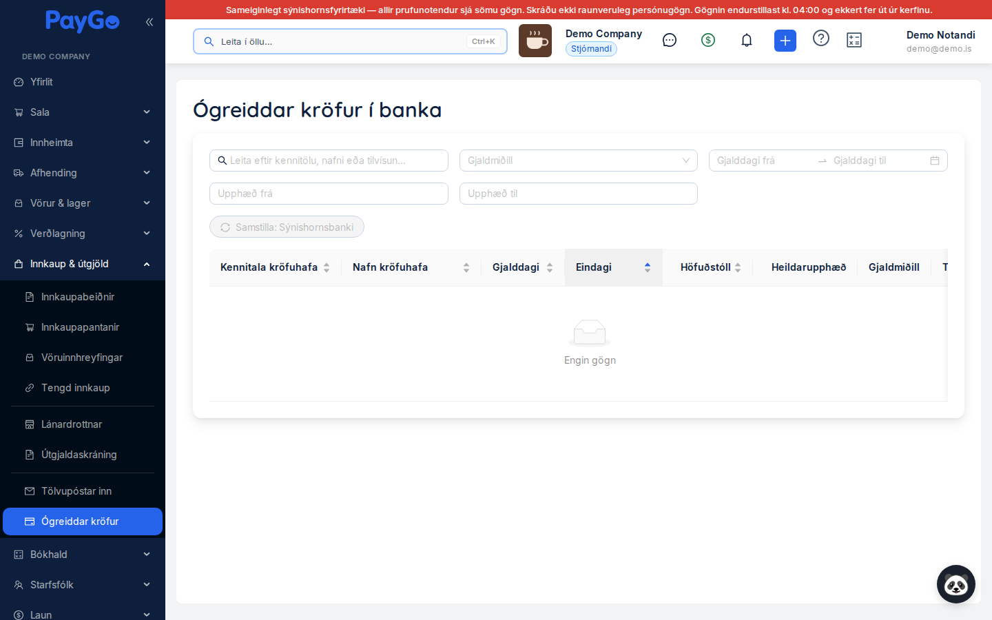 Listi yfir ógreiddar kröfur í banka