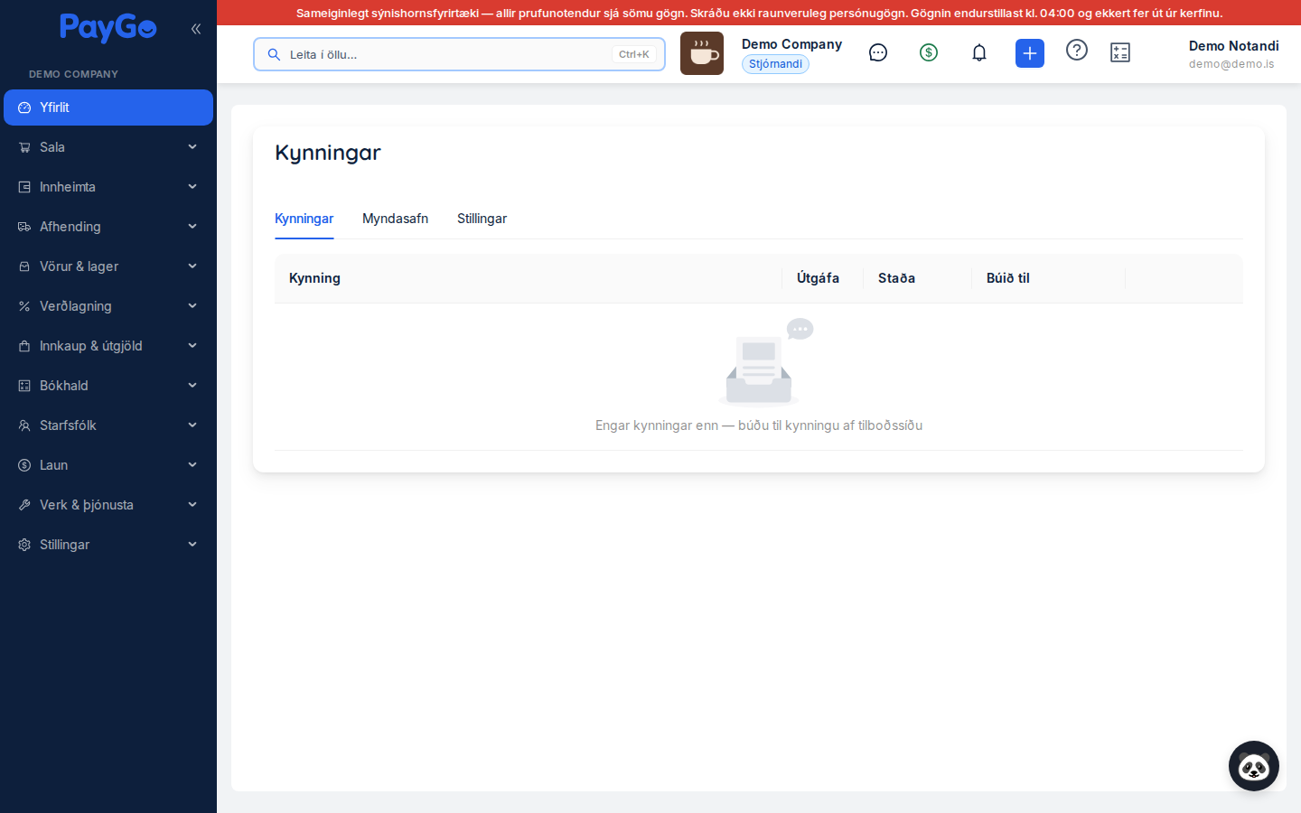 Kynningar-síðan með flipunum Kynningar, Myndasafn og Stillingar