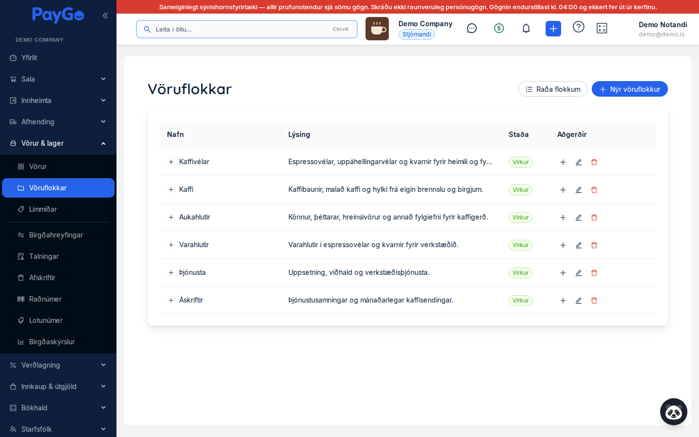Vöruflokkasíðan með hnöppunum Raða flokkum og Nýr vöruflokkur