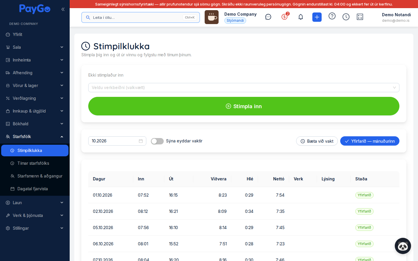 Stimpilklukka — stöðukort, mánaðarval og dagtafla