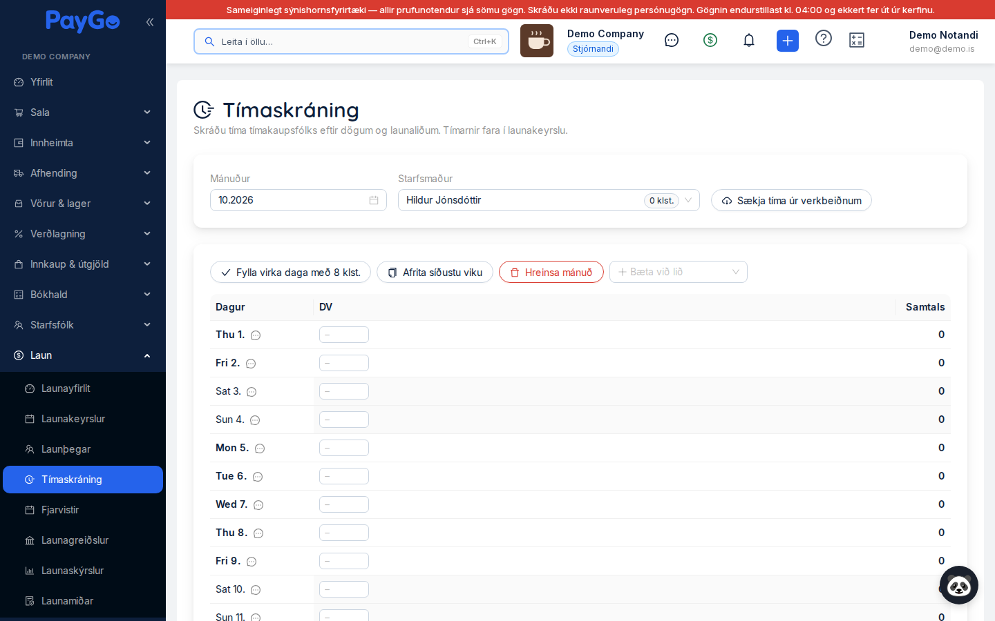 Time entry — month and employee selectors, quick-action buttons and a grid with one row per day