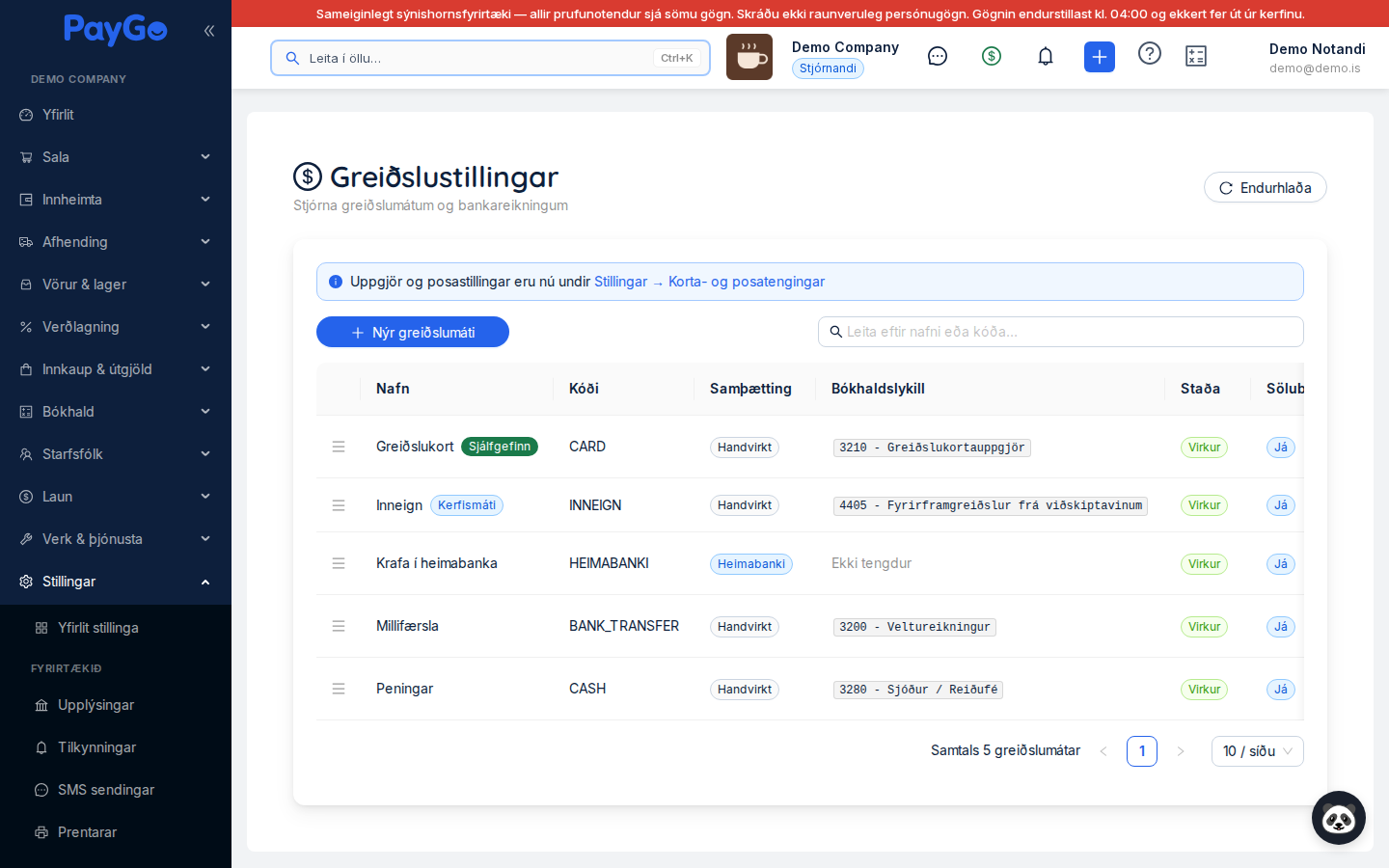 Greiðslustillingar — listi yfir greiðslumáta