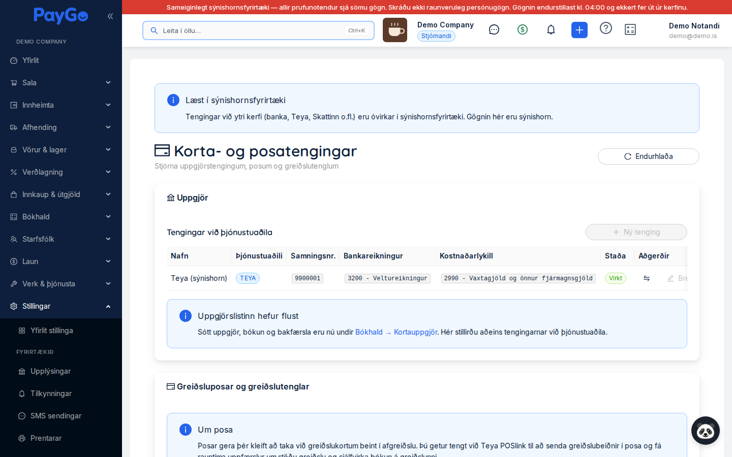 Korta- og posatengingar — uppgjörstengingar við Teya og greiðsluposar